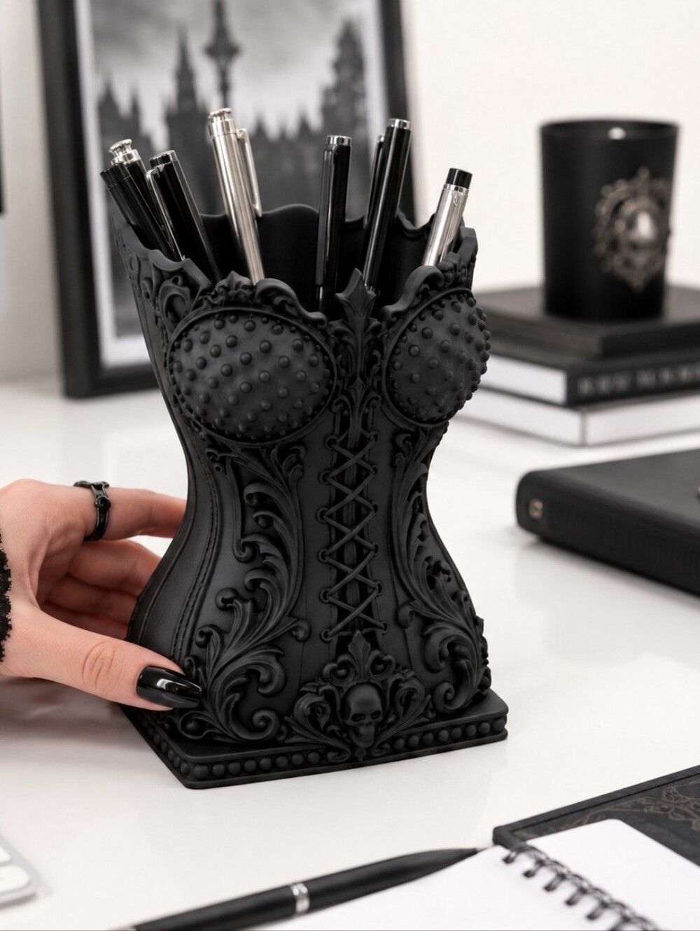 Black Gothic Corset Pen Holder - Desk Accessory